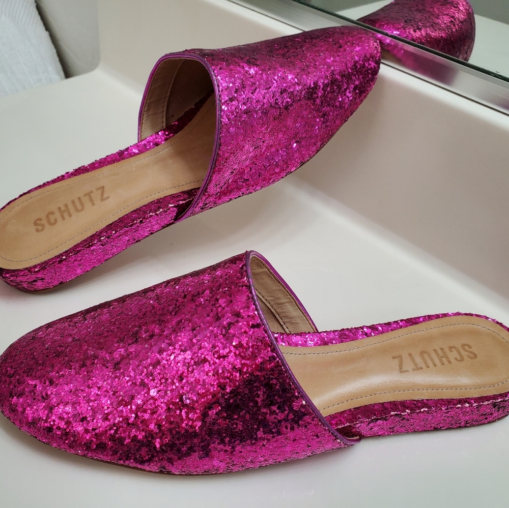 SCHUTZ 'Sulenya' Pink Glitter Mules (7B) - Picture 2 of 9